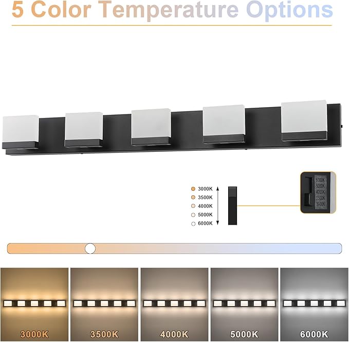SineRise LED Modern Bathroom Vanity Light Fixtures (5-Light, 40-Inch, 5CCT), Matte Black Modern Acrylic Bathroom Wall Lighting Fixtures Over Mirror (3000K/3500K/4000K/5000K/6000K)