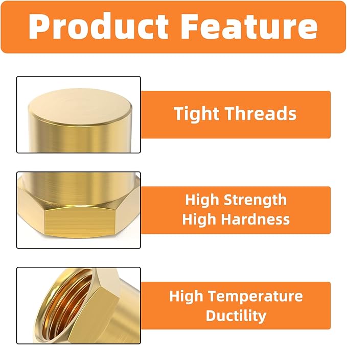 GASHER 1/8"NPT Brass Pipe Cap, NPT Female Thread Socket Pipe End Cap Plugs Fitting 2PCS