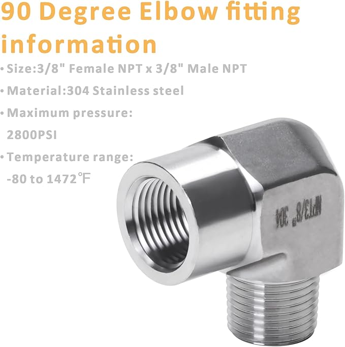90 Degree Street Elbow - 3/8" NPT Male to 3/8" NPT Female Stainless Steel 304 Heavy Duty Forged Barstock Street Elbow Adapter Pipe Fitting (pack of 2)