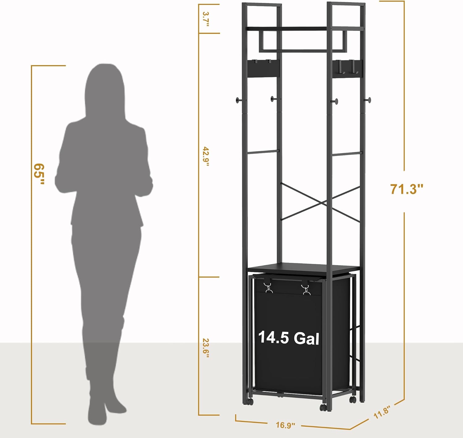 Coat Rack with Laundry Basket, Laundry Hamper Freestanding Hall Tree, Clothes Rack with Storage Shelves, 14.5 Gal Removable Bags on Wheels, Black JLH005B