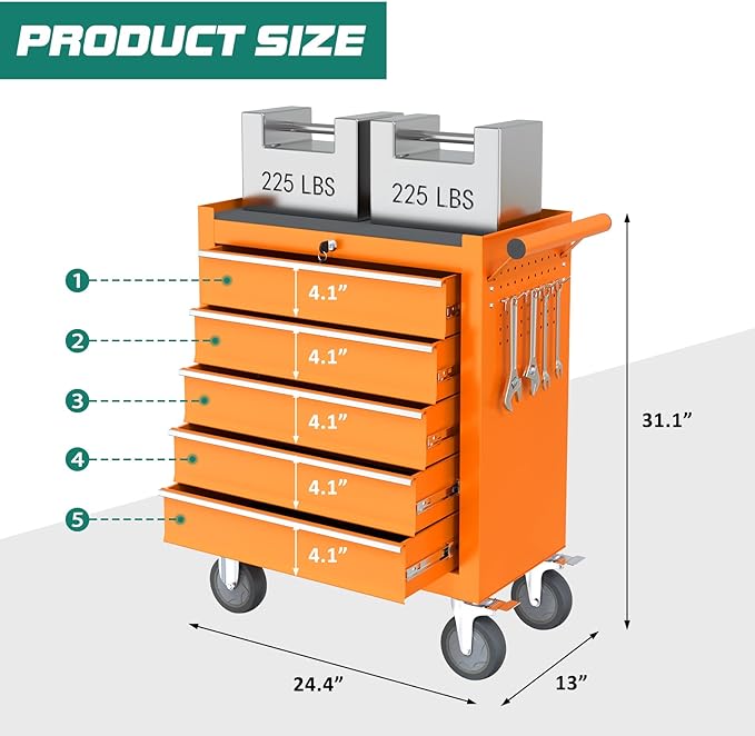 5-Drawer Rolling Tool Chest Toolbox, Rolling Tool Box with Wheels, Tool Chest with Keyed Locking System and Drawer Liners, Tool Box Organizer for Garage, Warehouse, Workshop(Orange)