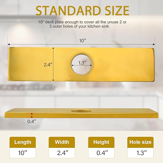 10 Inch Faucet Plate, Sink Hole Cover for 1 or 3 Hole Kitchen or Bathroom Faucets Long Rectangle Plate Escutcheon, Stainless Steel, Brushed Gold