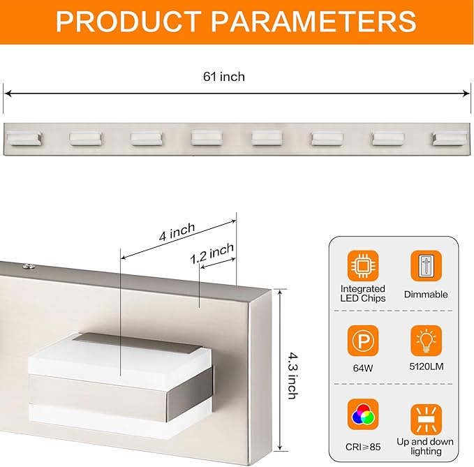 SOLFART Bathroom Light Fixtures Brushed Nickel Vanity Lights for Bathroom Above Mirror, 8 Light Led Lighting Fixture, Nickel Vanity Light, 61 Inch Vanity Light Over Mirror