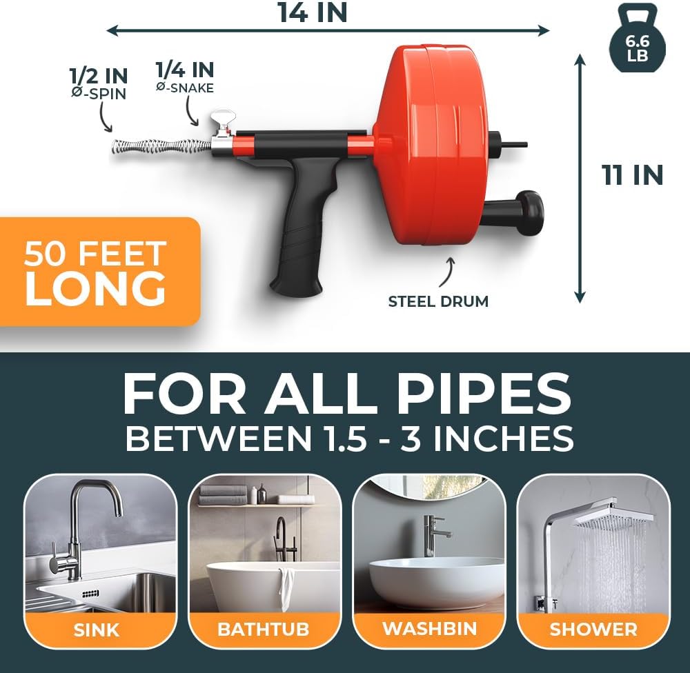 drain snake 2.0 [50 FT] - with drill attachment - Ideal plumbing snake for sink and drain unblocking - Solid drain auger for real DYIs! (50 FT - 1/4 inch)