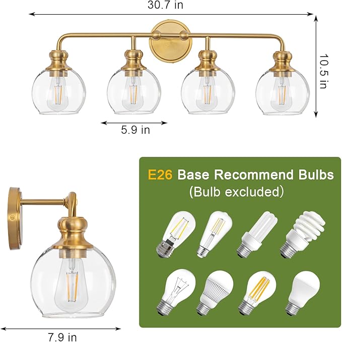 Gold 4-Light Bathroom Vanity Fixture with Clear Glass Shades Modern Wall Lamp Suitable for Bathrooms, Dressing Rooms