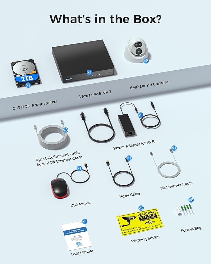 【121°Wide View+4K HD】 Hiseeu 4K Security Camera System, 8 Pcs 8MP PoE Security Camera Outdoor&Indoor, No Monthly Fee, Human Vehicle Detect, Smart Playback, 2TB Hard Drive for Surveillance 7/24 Record