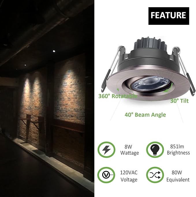 Premium Canless Recessed Gimbal Downlight Rotatable-Spotlight 5 CCT 3 Inch Eyeball Ceilling Potlight, Dimmable Recessed Lights Fixture with Junction Box, 8W, Oil Rubbed Bronze, 6P