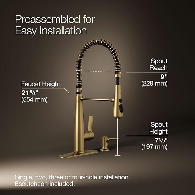 KOHLER K-REC22745-SD-2MB Semi-Professional Kitchen Faucet with Soap Dispenser/Lotion Dispenser, Commercial Kitchen Sink Faucet with Pull-Down Sprayhead, Vibrant Brushed Moderne Brass