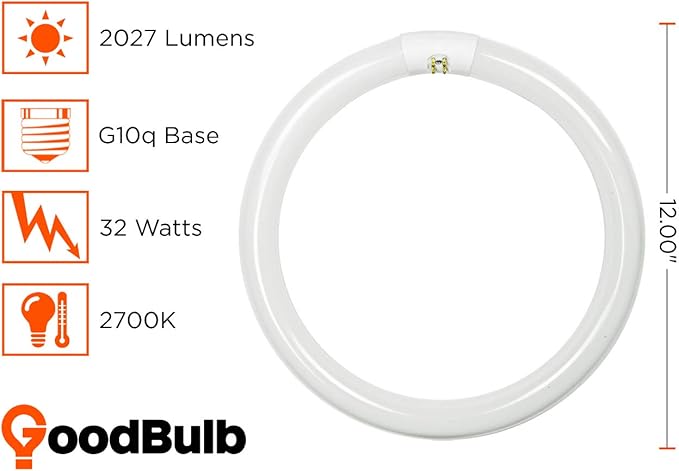 GoodBulb 32-Watt 12 Inch T9 Fluorescent Circline Light Bulb | 2700K Warm White Light Color | G10q Base | High Output 2027 Lumens | 10000 Life Hours 80 CRI | Pack of 12 Bulbs
