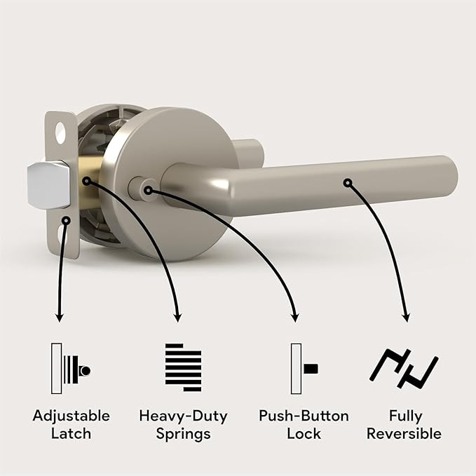 Mega Handles Ronn Privacy Door Handle - 3 Pack Reversible Brushed Nickel Door Handles, Heavy Duty Bed & Bath Door Handles with Privacy Door Lock, Fits All Standard Doors - Satin Nickel