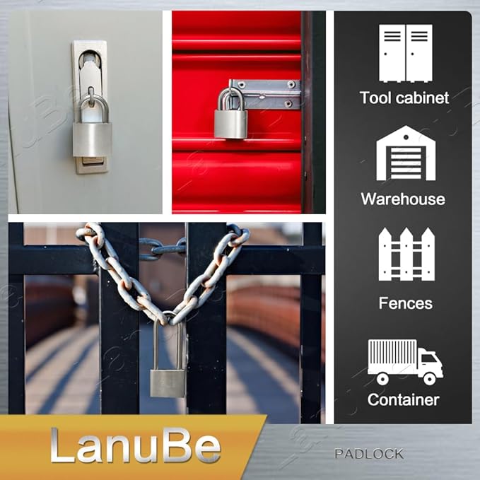 LanuBe 304 Stainless Steel Keyed Alike Padlocks for Outdoor use, Pin Tumbler Padlock, 2 inch Wide Body, Stainless Steel Body Normal Shackle, Pack of 2