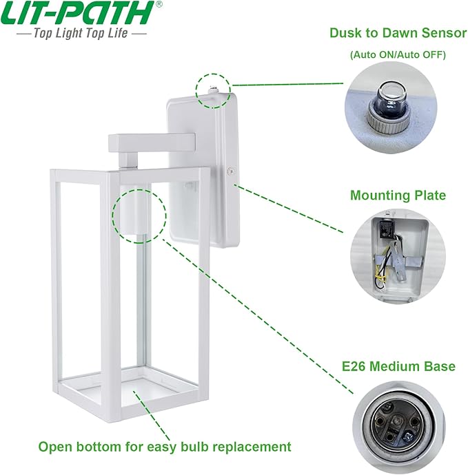 LIT-PaTH Dusk to Dawn Outdoor Wall Lantern, Wall Sconce as Porch Lighting Fixture, E26 Medium Base Max 60W, Anti-Rust Metal with Glass Shade, White, 1-Pack
