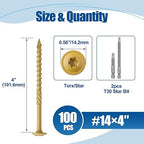 Lag Screws #14×4", 100PCS Heavy Duty Construction Screws, Rust Resistant, Washer Head, Bronze Coated External Wood Screws, Trusss Lag Screws, 2PCS T30 Star Bit Included