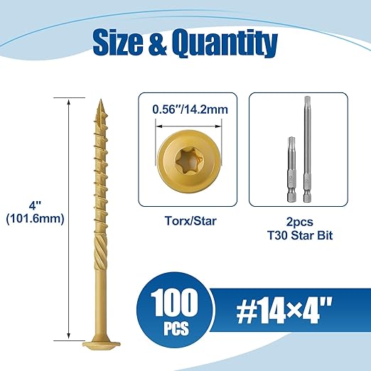 Lag Screws #14×4", 100PCS Heavy Duty Construction Screws, Rust Resistant, Washer Head, Bronze Coated External Wood Screws, Trusss Lag Screws, 2PCS T30 Star Bit Included