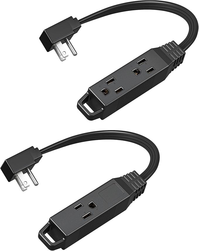 DEWENWILS 3 Outlet Extension Cord with Flat Plug, 1FT 16/3 Awg Grounded Power Cable for Indoor Use, SPT-3 Cord, Black, ETL Listed, 2 Pack