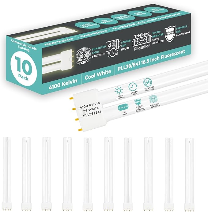 GoodBulb PLL36/841 36W 16.5" Twin Tube Compact Fluorescent Light Bulb 4-pin 2G11 Base 4100K Cool White 2400 Lumen 36000 Hour Long Life Biax Pack of 10