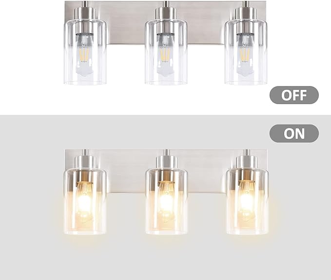 3-Light Bathroom Vanity Light Fixtures,Modern Wall Sconces,Bathroom Lights Over Mirror,Wall Mounted Lamp for Kitchen Living Room Bedroom Hallway,Brushed Nickel Finish with Clear Glass Shade