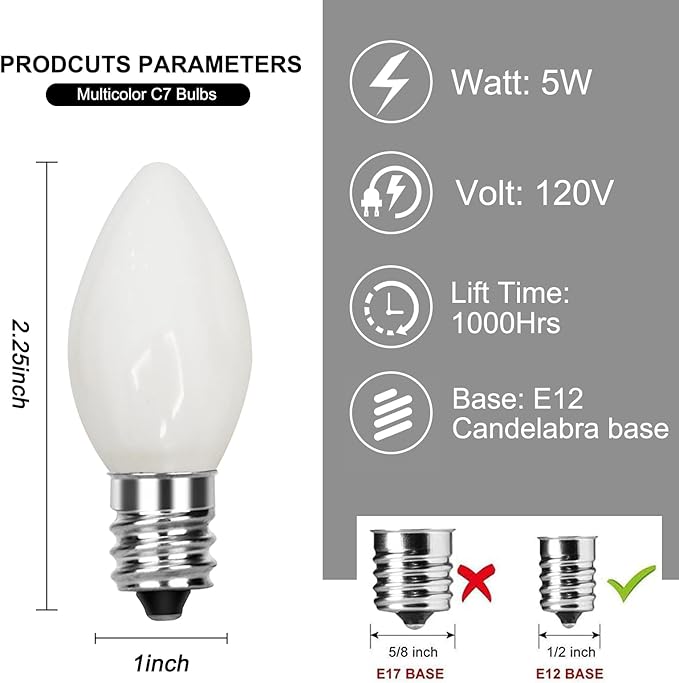 Abeja C7 Ceramic White Replacement Bulbs, 25 Pack C7 White Replacement Bulbs, 5W Vintage Bulbs for Outdoor Indoor Patio Christmas Decoration-E12 Candelabra Base