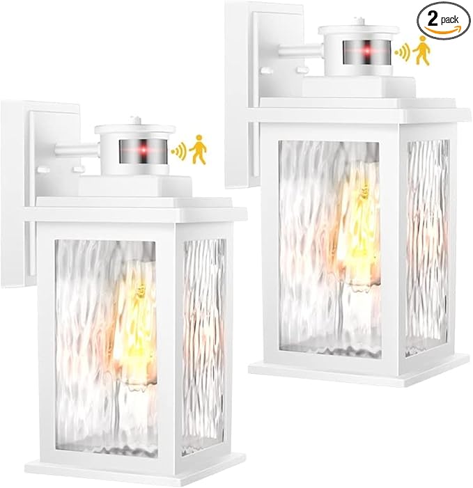 VIANIS 2 Pack Motion Sensor Outdoor Wall Lantern, White Dusk to Dawn Outdoor Lighting Wall Mount, Anti-Rust Waterproof Exterior Light Fixture with Tempered Glass for House Front Porch Garage Entryway