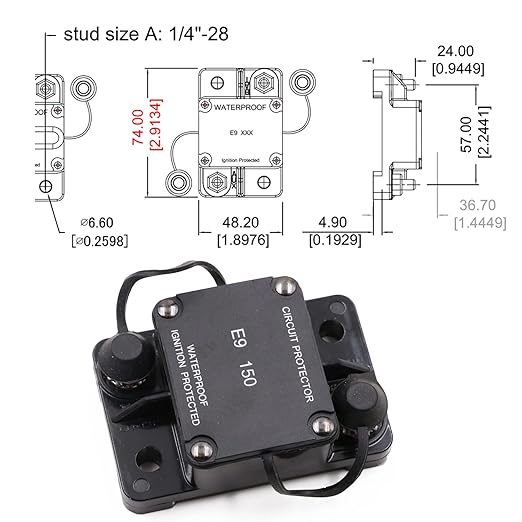 Hi-Amp 150 Amp Automotive Circuit Breaker Auto Reset No Switch Button for Boat, Car Audio, Solar System, Battery Protection 12V-32V DC IP67
