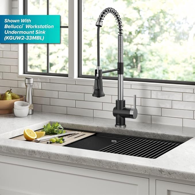 KRAUS Britt Commercial Style Single Handle Pull Down Kitchen Faucet in Spot-Free Stainless Steel/Matte Black, KPF-1691SFSMB