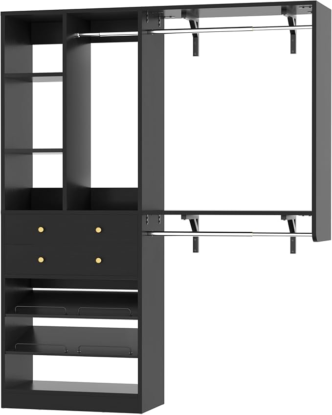 Closet System - 5FT Small Closet System with Drawers, 60" Closet Organizer System with Reversible Hanging Shelving, Closet Systems for Small/Walk-in Closets, Black