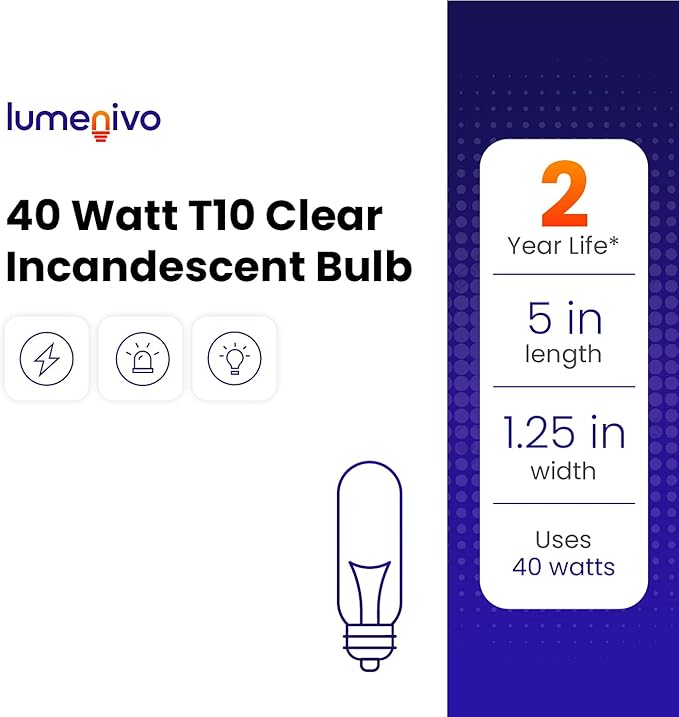 lumenivo Piano Light Bulb 40 watt 120 Volts 一 40T10/CL Light Bulb Display Replacement for Creative Hobbies 3090 一 T10 Bulb Medium Base (E26) Clear Incandescent Bulb for Illuminated Display 一 4 Pack