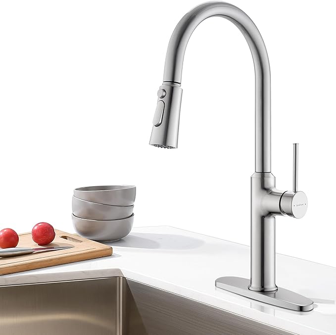 Kitchen Sink Faucets Brushed Nickel, High Arc Single Handle Kitchen Faucet with Pull Down Sprayer, Solid Brass Tall Kitchen Faucets