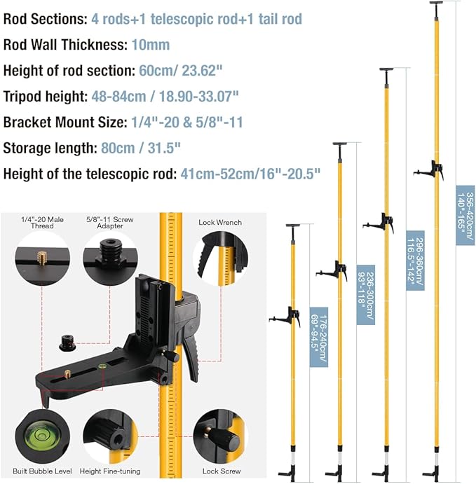 Telescoping Laser Level Pole with Tripod, 13.8Ft./4.2M with 1/4-Inch by 20-Inch Laser Mount for Rotary and Line Laser Level, 5/8"-11 Adapter Nut Included