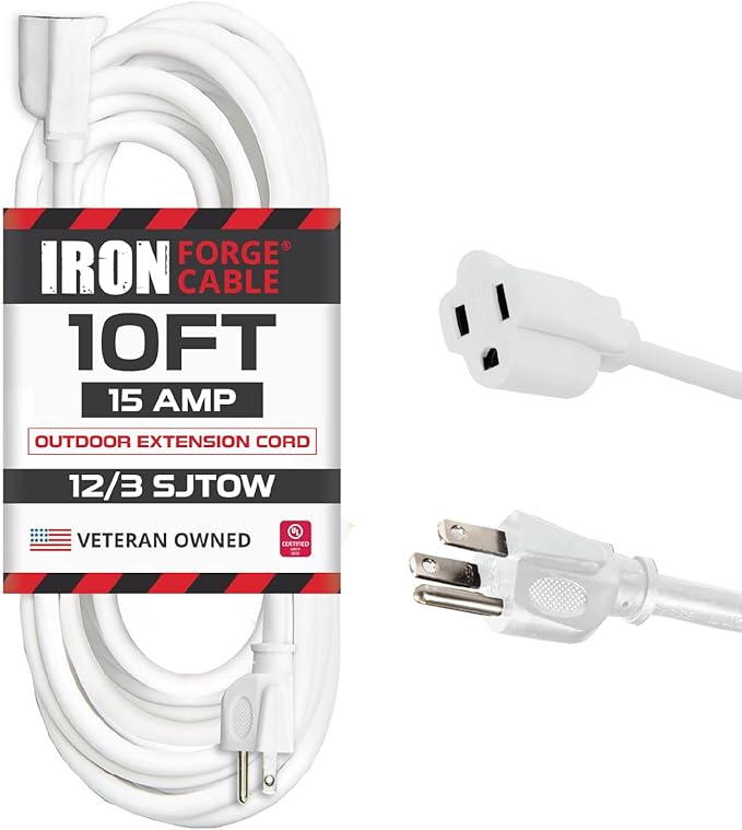 Iron Forge Cable 12 Gauge Outdoor Extension Cord 10 Ft, SJTOW 12/3 Heavy Duty White Extension Cord 3 Prong, Oil Resistant & Flame Retardant
