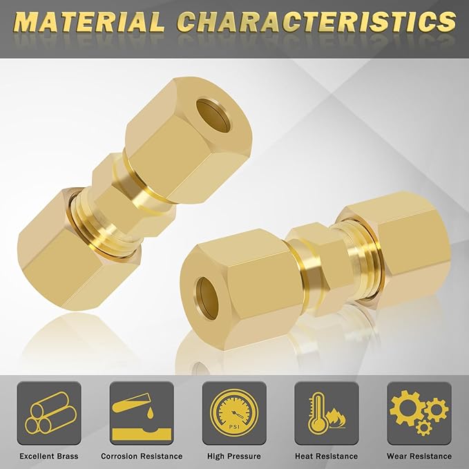 Brass Compression Tube Fitting, 10 PCS 3/16" OD x 3/16" OD Compression Union Connectors & 10 PCS Compression Sleeves Ferrules