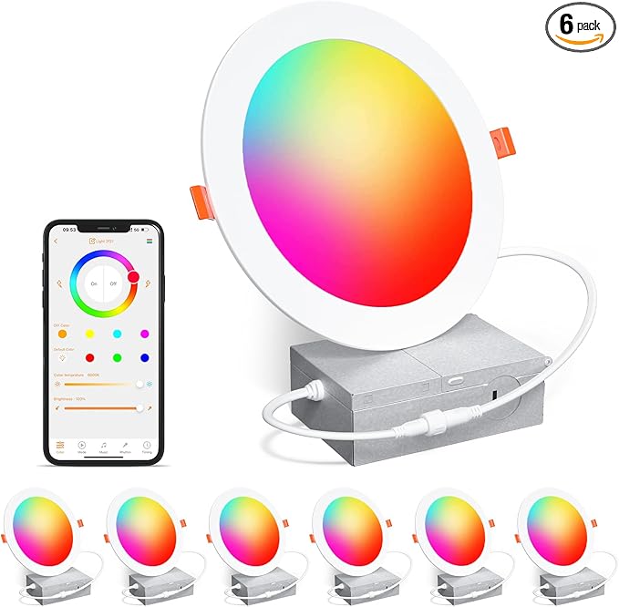 Smart Recessed Lighting 6 Inch RGBCW Color Changing 16W LED Recessed Ceiling Light with Junction Box,1350LM Canless LED Downlight Compatible with Alexa,Dimmable by Bluetooth Control -6 Pack
