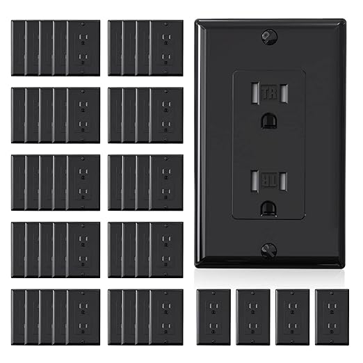 ELEGRP Decorator Wall Receptacle Outlet, Tamper Resistant 15 Amp Standard Electrical Wall Outlet, Residential Grade, Self-grounding, 125V, Wall Plate Included, UL Listed, Glossy Black, 50 Pack