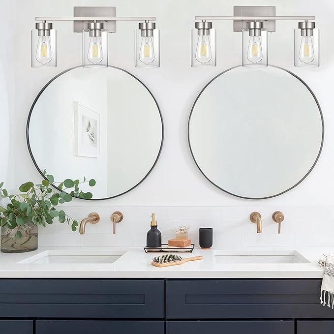 3-Light Bathroom Vanity Light, Modern Brushed Nickel Wall Lights with Clear Glass Shades, Bathroom Wall Sconce Lamp for Mirror Living Room Bedroom Hallway