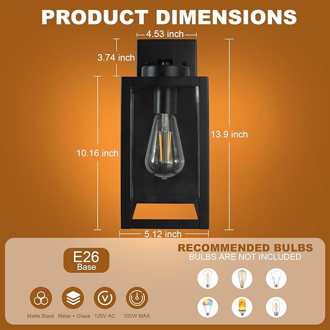 Outdoor Light Fixture, 14IN Matte Black Front Porch Lamps Width Glass Shades, Exterior Waterproof Wall Mount Lantern with E26 Sockets, Outside Lights for House Garage Doorway Patio Entryway