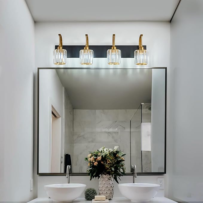 4-Light Crystal Vanity Light, Modern Black Gold Bathroom Wall Sconce with K9 Crystal Shades, 32.67" Long Over Mirror Lighting for Vanity, Makeup, Hallway, Elegant & Easy Install