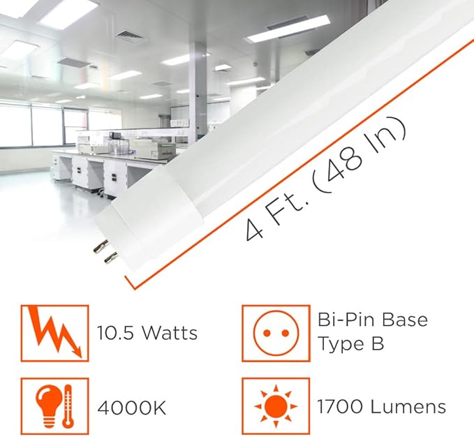 GoodBulb 4-ft T8 LED Tube Lights, 10.5-Watt (32W Equivalent) 4000K Cool White, 1700-Lumens, 80 CRI, Type B Direct Wire (Pack of 25)