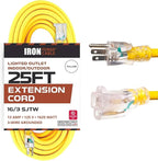 Iron Forge Cable Weatherproof 25 Ft Outdoor Extension Cord - 16/3 SJTW 13 Amp Heavy Duty Highly Visible Yellow Extension Cord 3 Prong - Lighted End