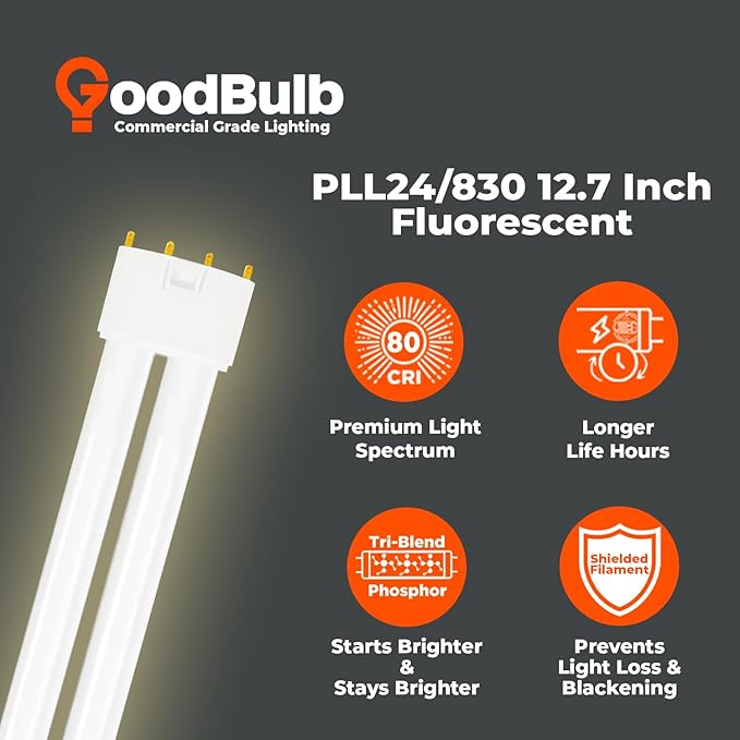 GoodBulb PLL24/830 | 24W 12.7" Twin Tube Compact Fluorescent Light Bulb | 4-pin 2G11 Base 3000K Warm White 1500 Lumen | 36000 Hour Long Life Biax | Pack of 10