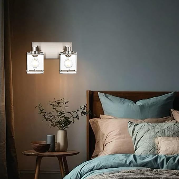 2-Lights Wall Sconce Lighting E26 Bulb Base, Modern Brushed Nickel Bathroom Vanity Light for Over Mirror Bedroom Cabinet, Wall Light Fixtures with Clear Glass Shades