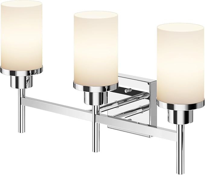 Bathrom Light Fixtures Polished Chrome 3 Vanity Lights with White Frosted Glass Shade, Wall Lamps Over Mirror for Bath Washroom Bedrom T001CH-L3