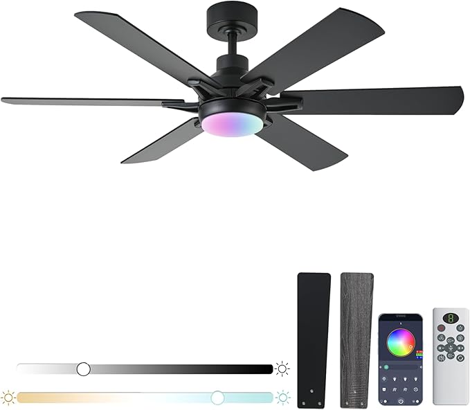 52in Ceiling Fans with Lights RGB Ceiling Fan with Light and Remote/APP Control,Low Profile Ceiling Fans with Lights for Bedroom,Living Room,Kids Room,3CCT Dimmable Modern Ceiling Fan, 8 Speeds,black