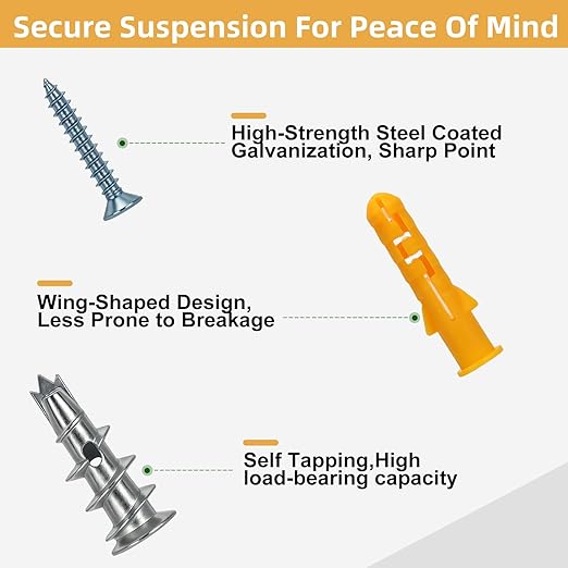 Drywall Anchors and Screws Assortment Kit 286PCS, 143 Plastic & Zinc Dry Wall Anchors and 143 Philips Flat Head Screws, 5 Sizes Short and Long for Hanging Picture,Curtain Rod