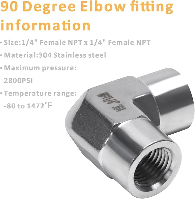 90 Degree Street Elbow - 1/4" NPT Female to 1/4" NPT Female Stainless Steel 304 Heavy Duty Forged Barstock Street Elbow Adapter Pipe Fitting (pack of 5)