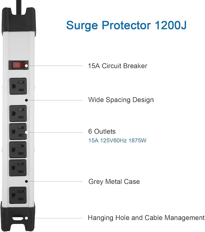 Heavy Duty Power Strip Surge Protector, 6 Outlet Industrial Metal Power Strip with 10 FT Cord, 1200 Joules ETL Listed