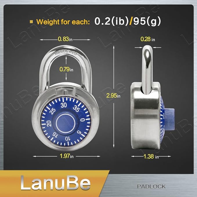 LanuBe Standard Dial Combination Lock, 2 in. Wide, with Different Combinations, Blue Turnplate, Pack of 8; Lock for School, Employee, Gym Sports Locker, Case, Toolbox, and so on