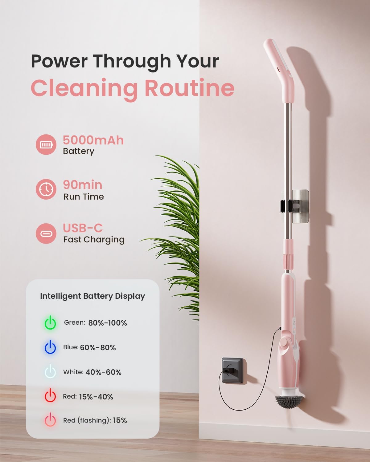 Leebein Electric Spin Scrubber, Shower Scrubber with 4 Adjustable Angles and 8 Brush Heads, Electric Scrubber with Long Handle & Remote Controller, Cleaning Brush for Bathroom, Tub, Floor (Pink)