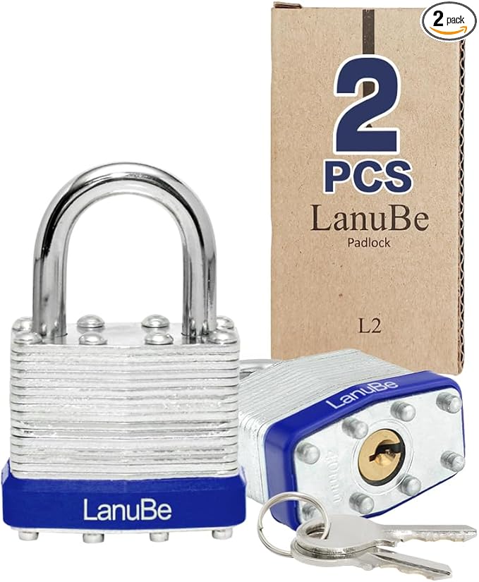 LanuBe Lock Laminated keyed Padlock (1-9/16", 40mm), keyed Alike Locks, Normal Shackle, Marked Blue Plastic Hoop, Pack of 2