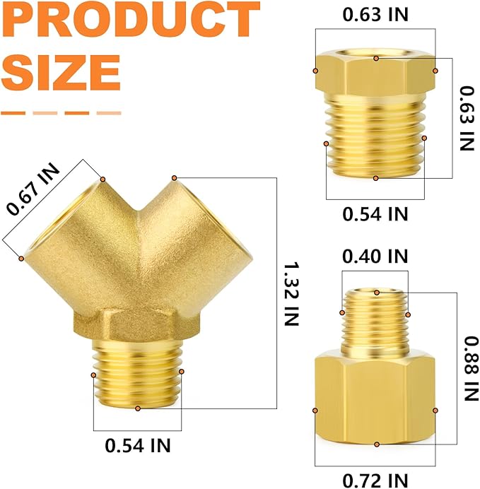 GASHER 2PCS Brass Pipe Fitting Male Branch Tee Y Adapter 1/8" NPT Female x 1/8" NPT Female x 1/8" NPT Male