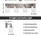 4-Light Bathroom Vanity Light Fixtures, Modern Bathroom Light Fixture with Clear Glass Brushed Nickel Finish Vanity Lights Over Mirror for Kitchen Bedroom Living Room